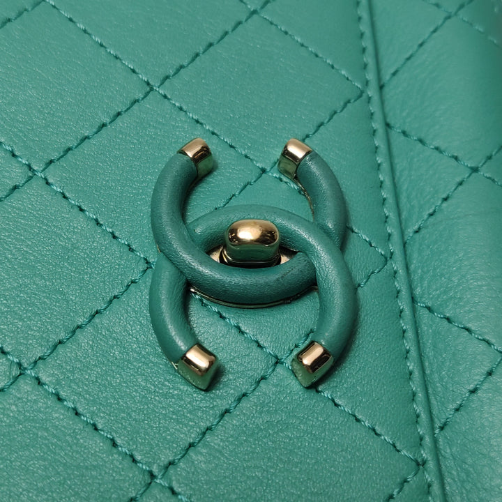 Chanel Stitched Small Covered CC Flap Bag Teal Green Calfskin Gold Hardware