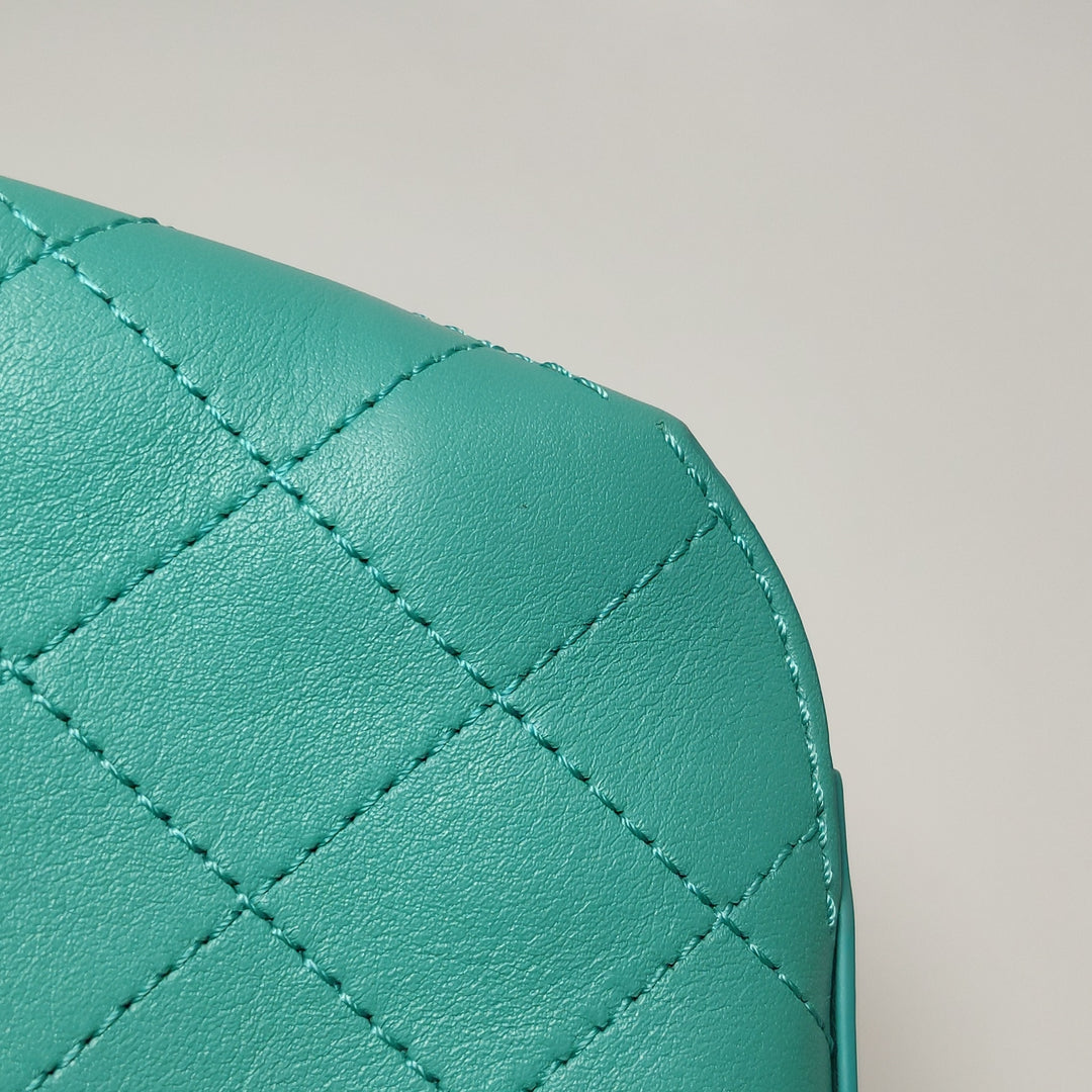 Chanel Stitched Small Covered CC Flap Bag Teal Green Calfskin Gold Hardware
