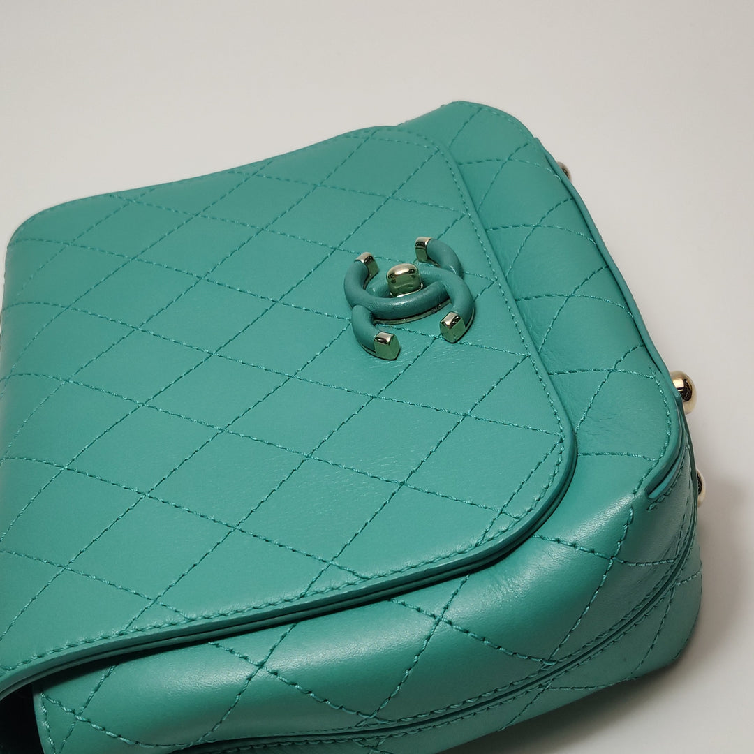 Chanel Stitched Small Covered CC Flap Bag Teal Green Calfskin Gold Hardware