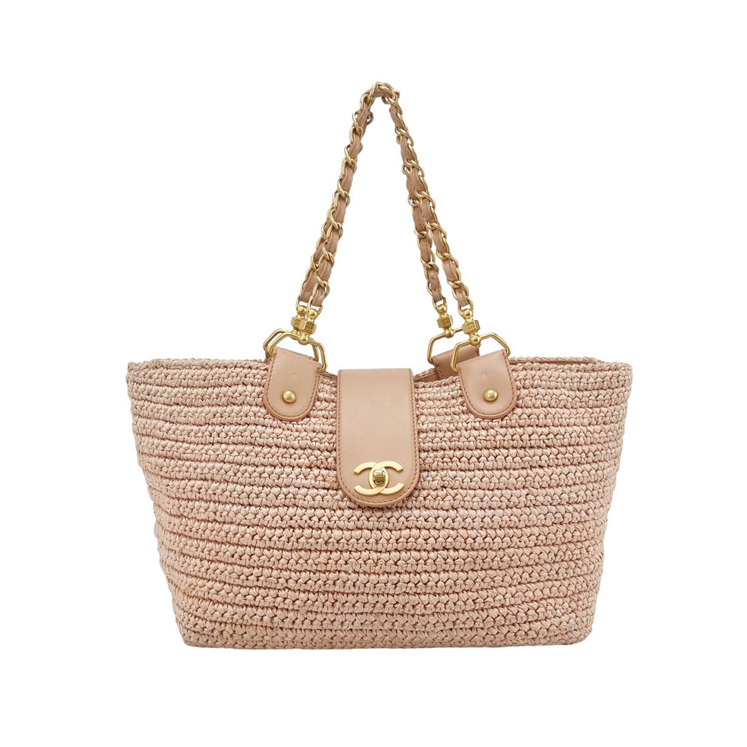 Chanel Raffia Tote in Pink Gold Hardware