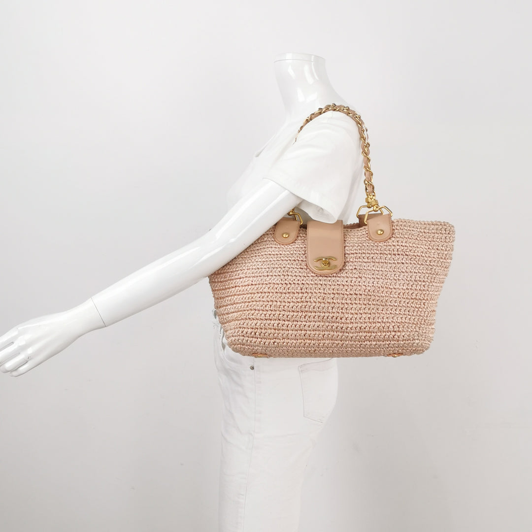 Chanel Raffia Tote in Pink Gold Hardware