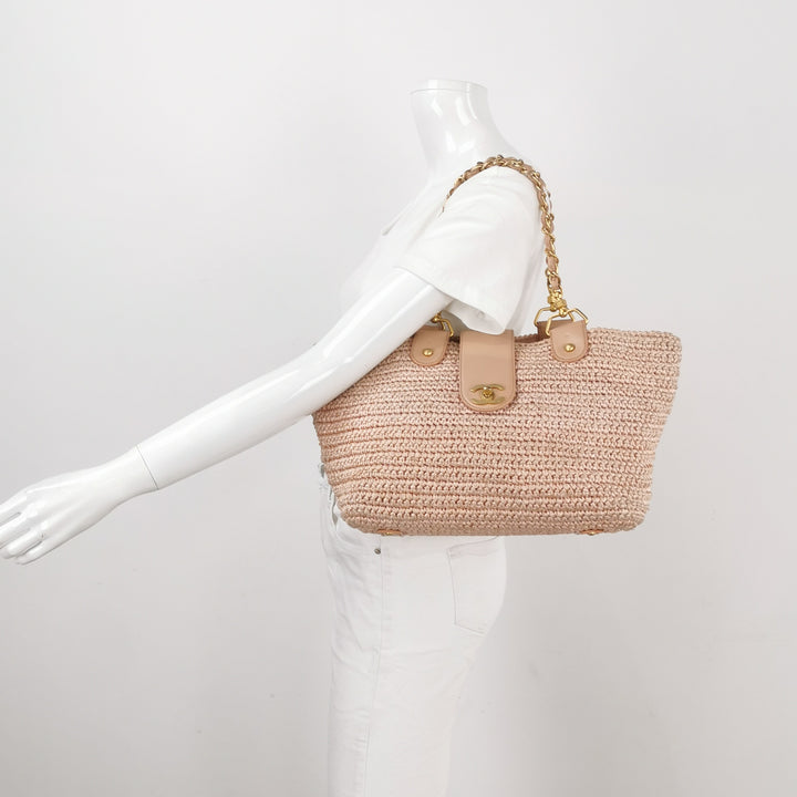 Chanel Raffia Tote in Pink Gold Hardware