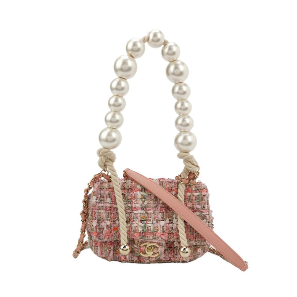 Chanel Pearl Chain Flap Bag Pink Tweed Gold Hardware
