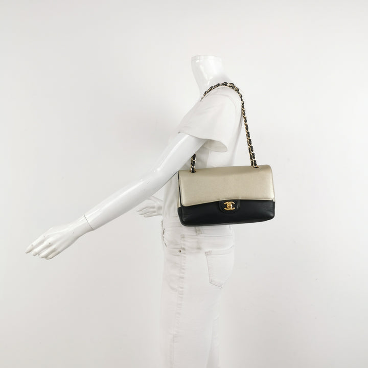Chanel Medium Double Flap Caviar Calfskin Duo Light Gold Black