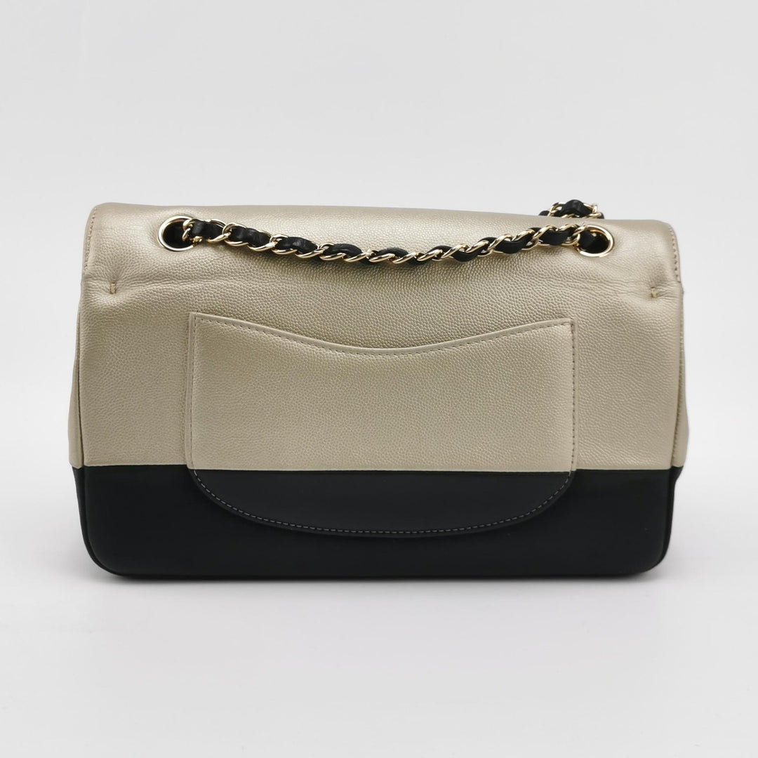 Chanel Medium Double Flap Caviar Calfskin Duo Light Gold Black