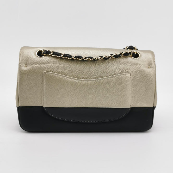 Chanel Medium Double Flap Caviar Calfskin Duo Light Gold Black
