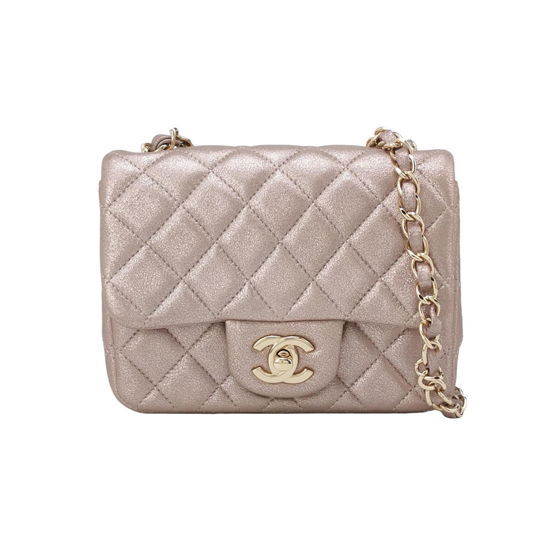 Chanel Mini Square Flap Metallic Lambskin Quilted Pink