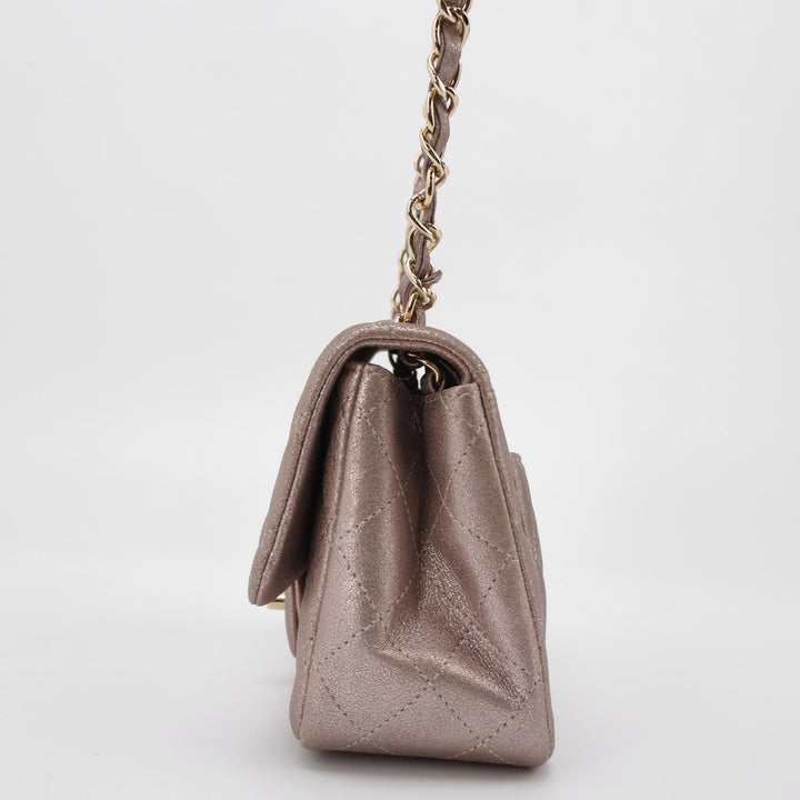 Chanel Mini Square Flap Metallic Lambskin Quilted Pink