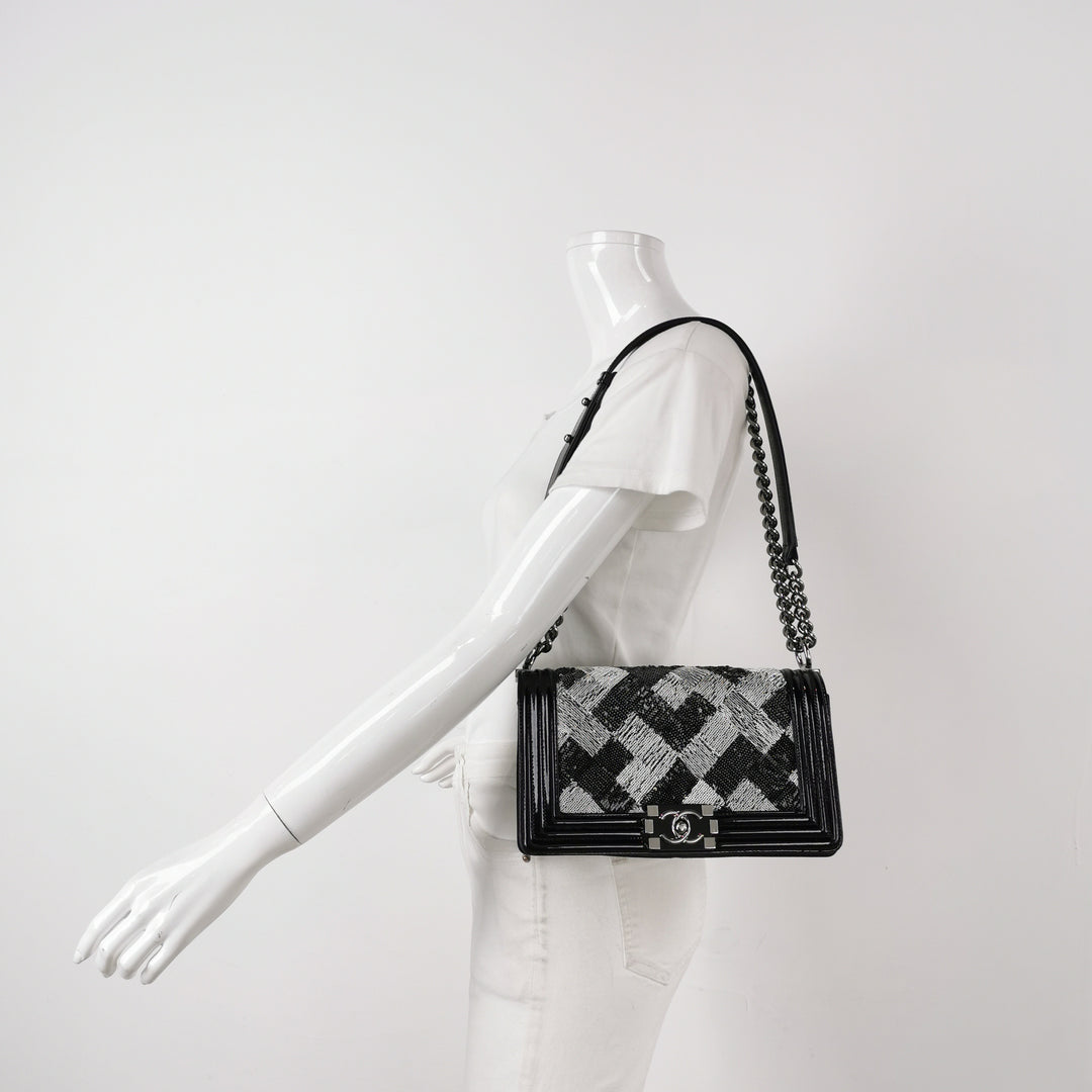Chanel Boy Bag Medium Sequin Black Silver