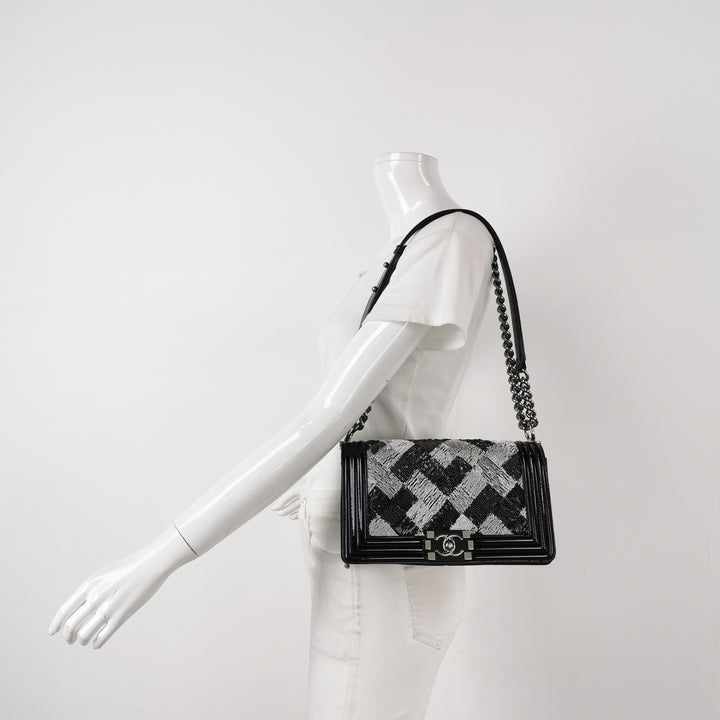 Chanel Boy Bag Medium Sequin Black Silver
