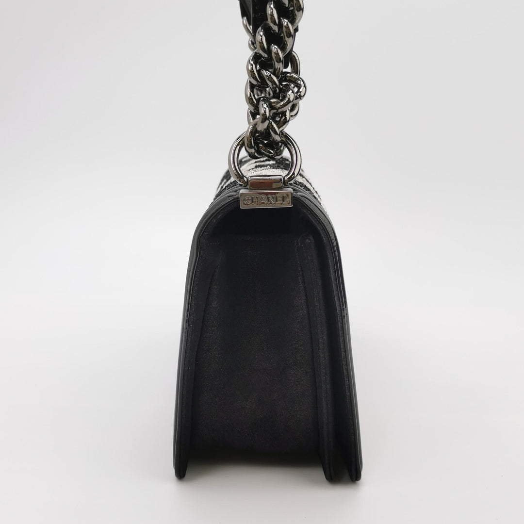 Chanel Boy Bag Medium Sequin Black Silver