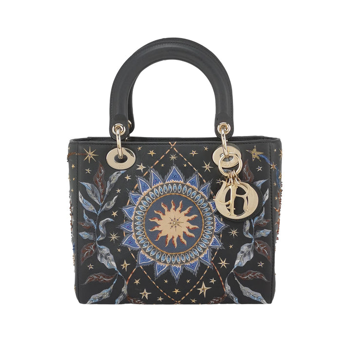 Dior Lady Dior Bag Air Embroidered and Beaded Medium Black Leather