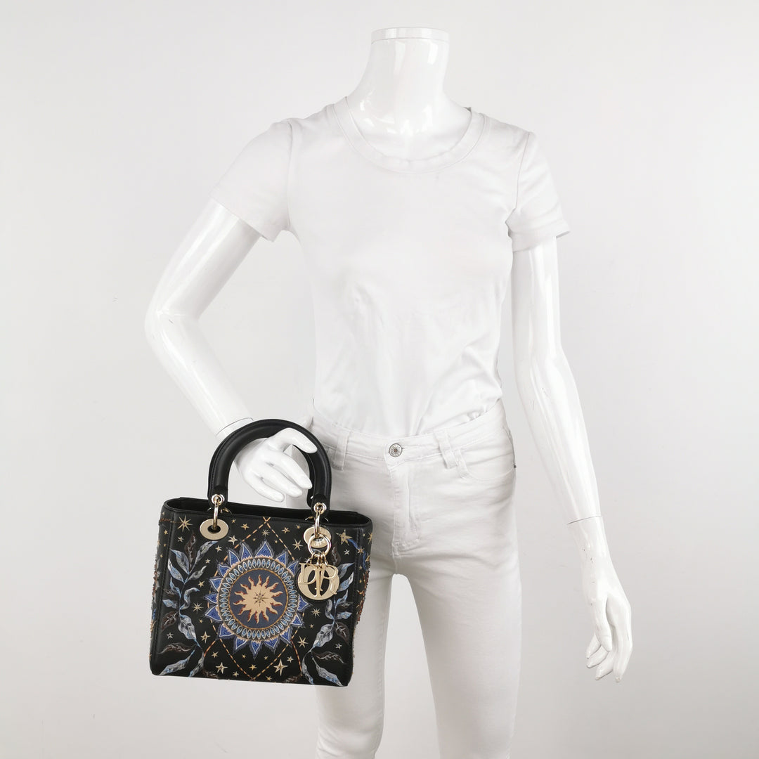 Dior Lady Dior Bag Air Embroidered and Beaded Medium Black Leather
