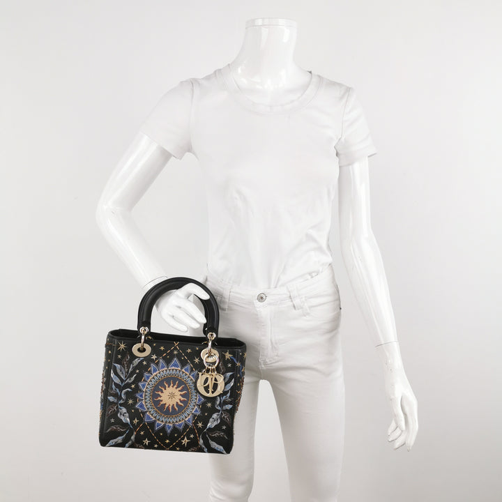 Dior Lady Dior Bag Air Embroidered and Beaded Medium Black Leather