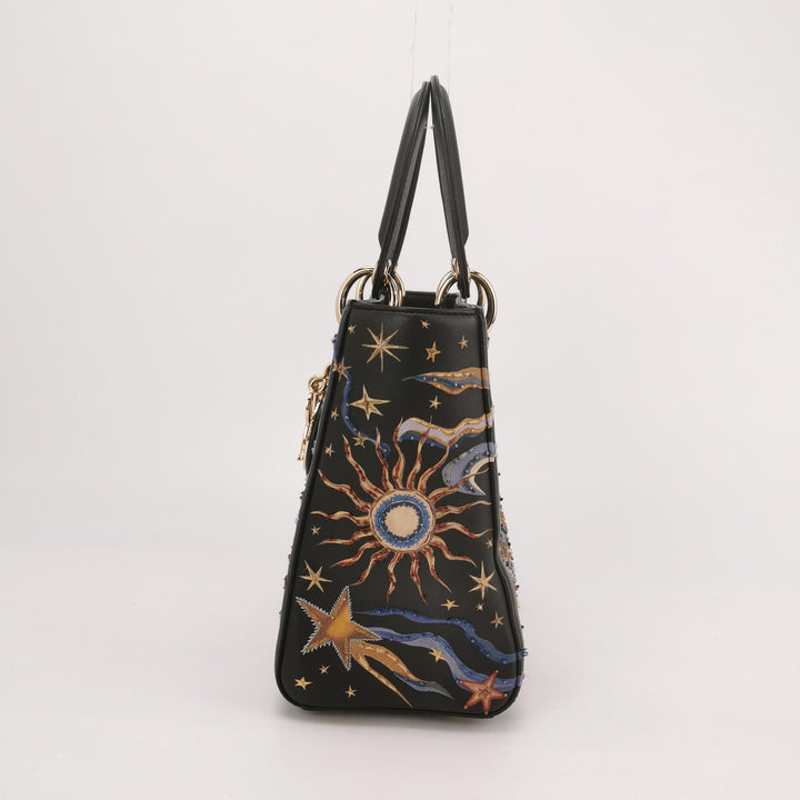 Dior Lady Dior Bag Air Embroidered and Beaded Medium Black Leather
