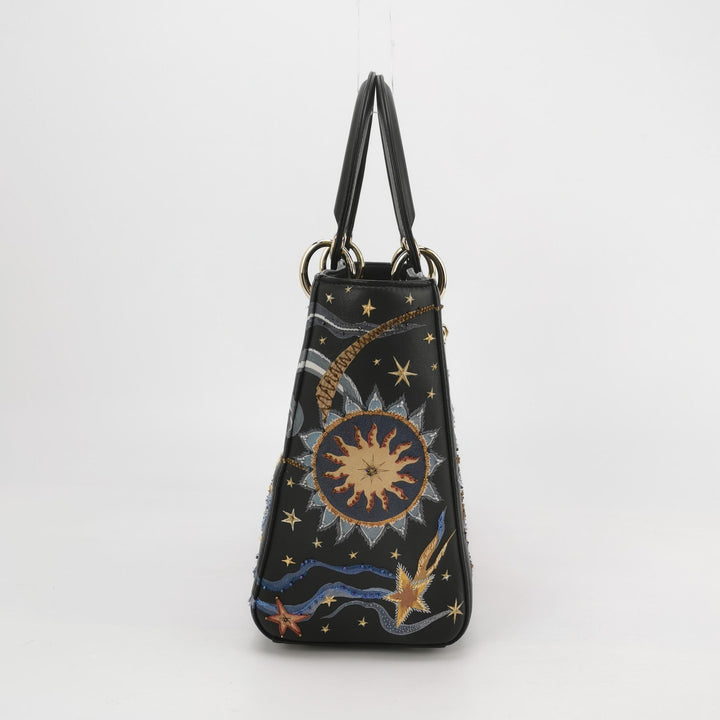 Dior Lady Dior Bag Air Embroidered and Beaded Medium Black Leather