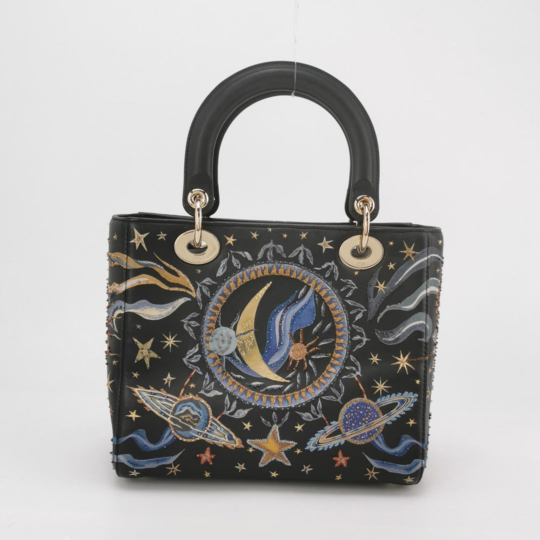 Dior Lady Dior Bag Air Embroidered and Beaded Medium Black Leather