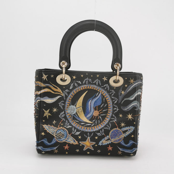 Dior Lady Dior Bag Air Embroidered and Beaded Medium Black Leather
