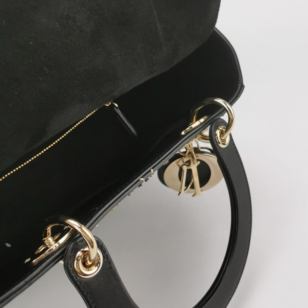 Dior Lady Dior Bag Air Embroidered and Beaded Medium Black Leather