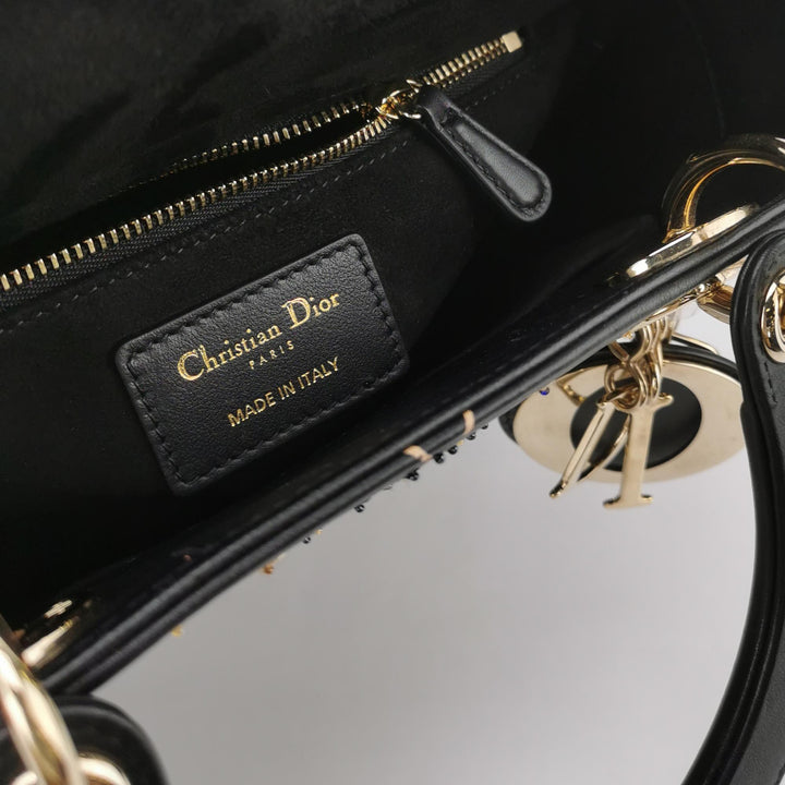 Dior Lady Dior Bag Air Embroidered and Beaded Medium Black Leather