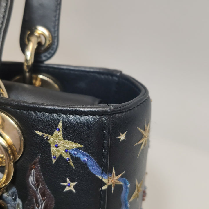 Dior Lady Dior Bag Air Embroidered and Beaded Medium Black Leather