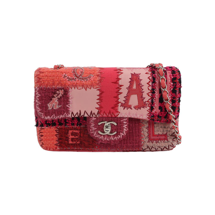 Chanel Medium Flap Bag Pink Patchwork Tweed Silver Hardware