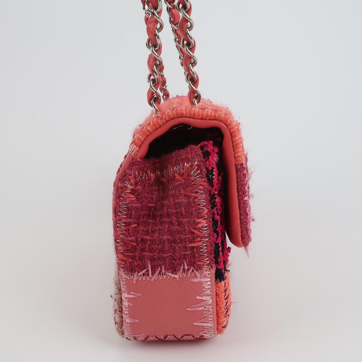 Chanel Medium Flap Bag Pink Patchwork Tweed Silver Hardware
