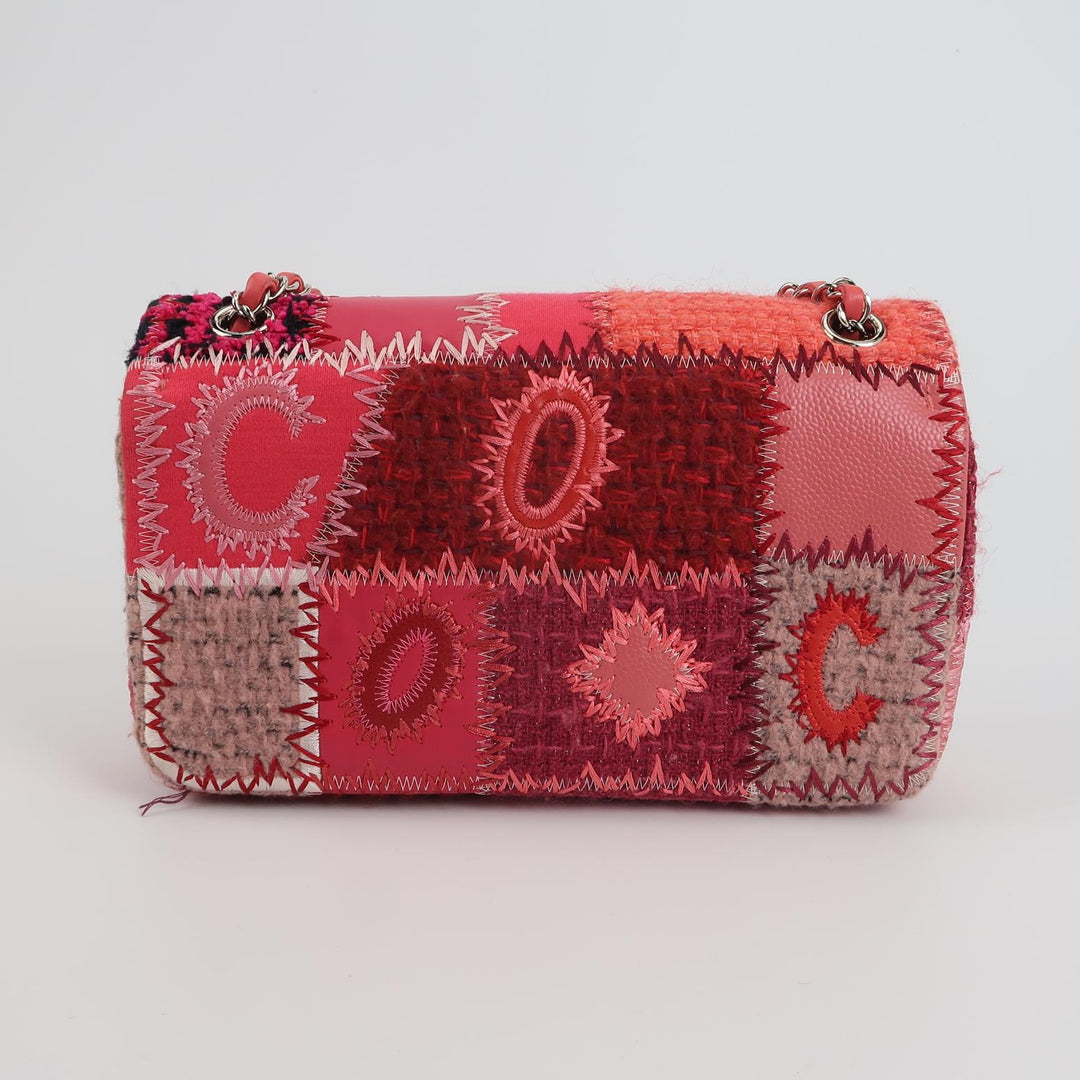 Chanel Medium Flap Bag Pink Patchwork Tweed Silver Hardware