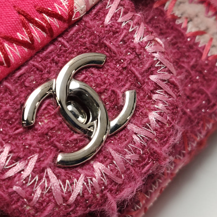 Chanel Medium Flap Bag Pink Patchwork Tweed Silver Hardware