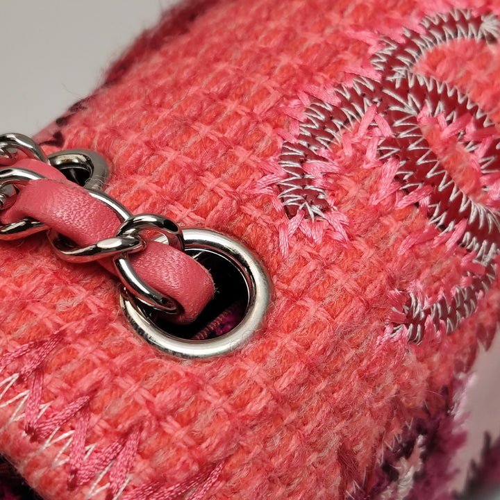 Chanel Medium Flap Bag Pink Patchwork Tweed Silver Hardware