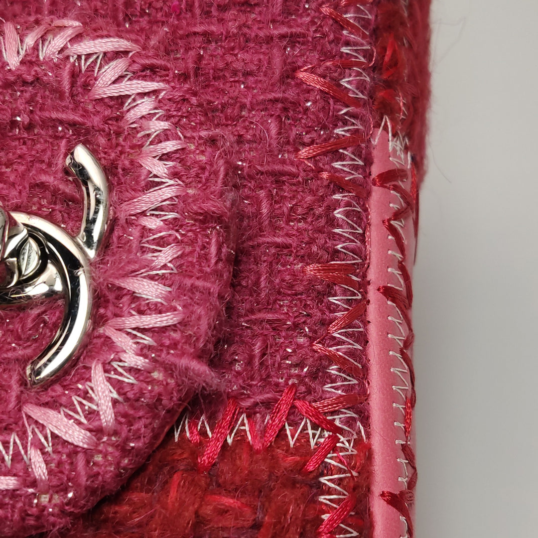 Chanel Medium Flap Bag Pink Patchwork Tweed Silver Hardware