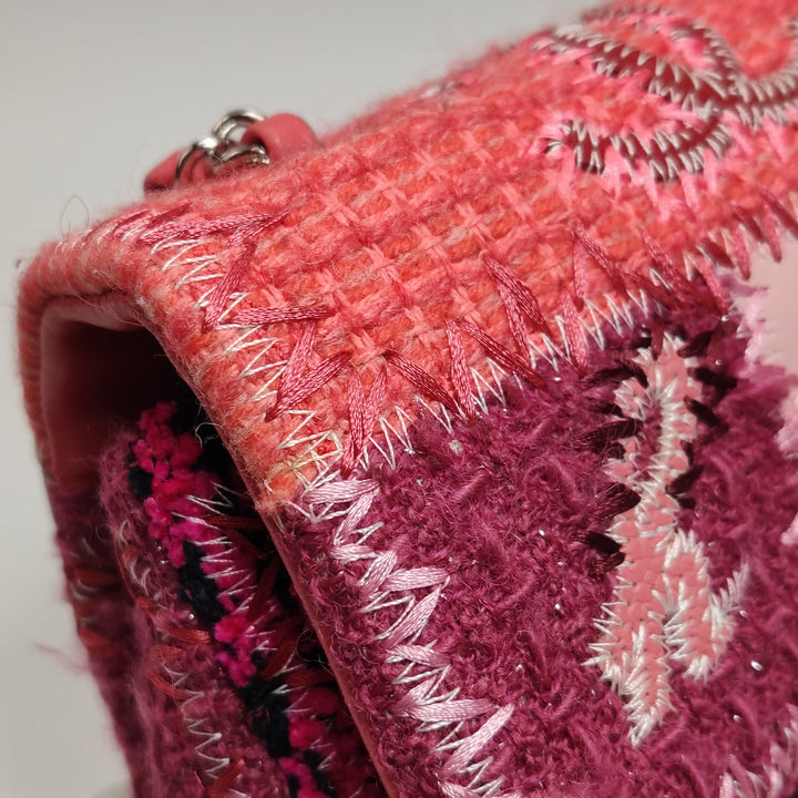 Chanel Medium Flap Bag Pink Patchwork Tweed Silver Hardware