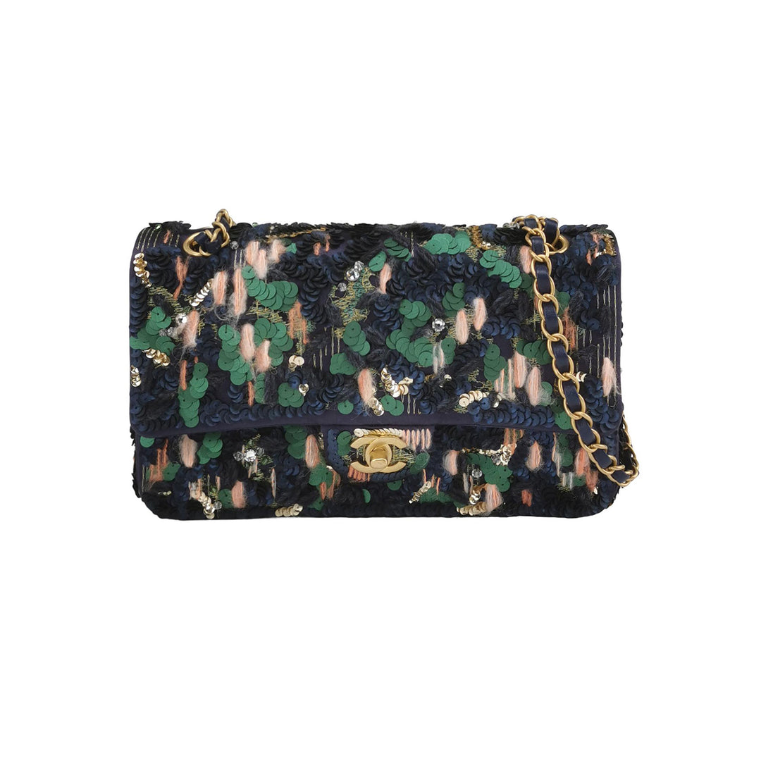 Chanel Sequin Pink Green Navy Medium Flap Bag Gold Hardware