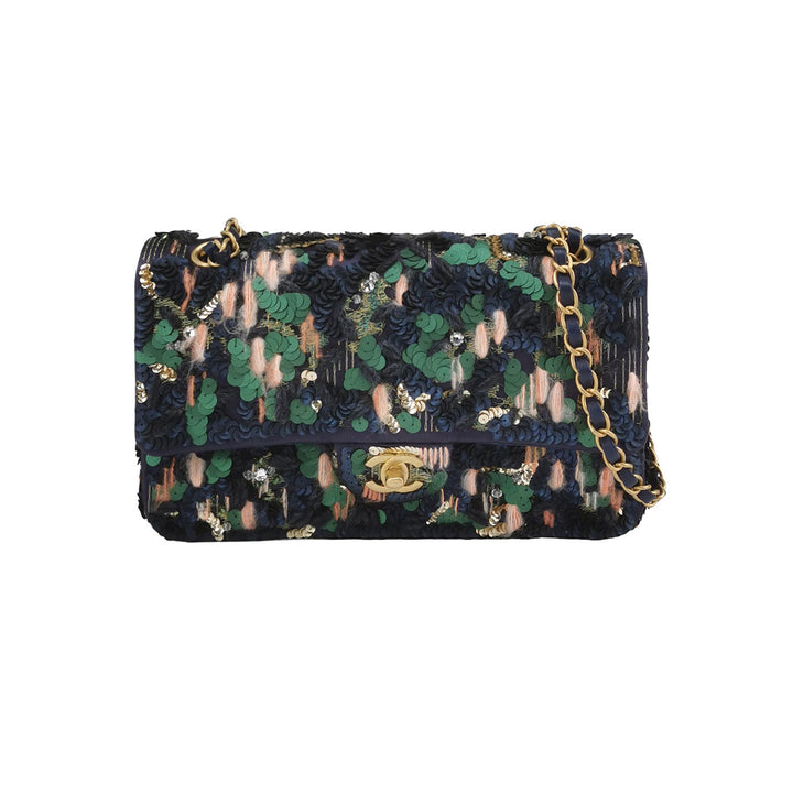 Chanel Sequin Pink Green Navy Medium Flap Bag Gold Hardware