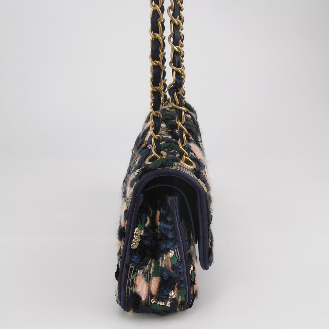 Chanel Sequin Pink Green Navy Medium Flap Bag Gold Hardware