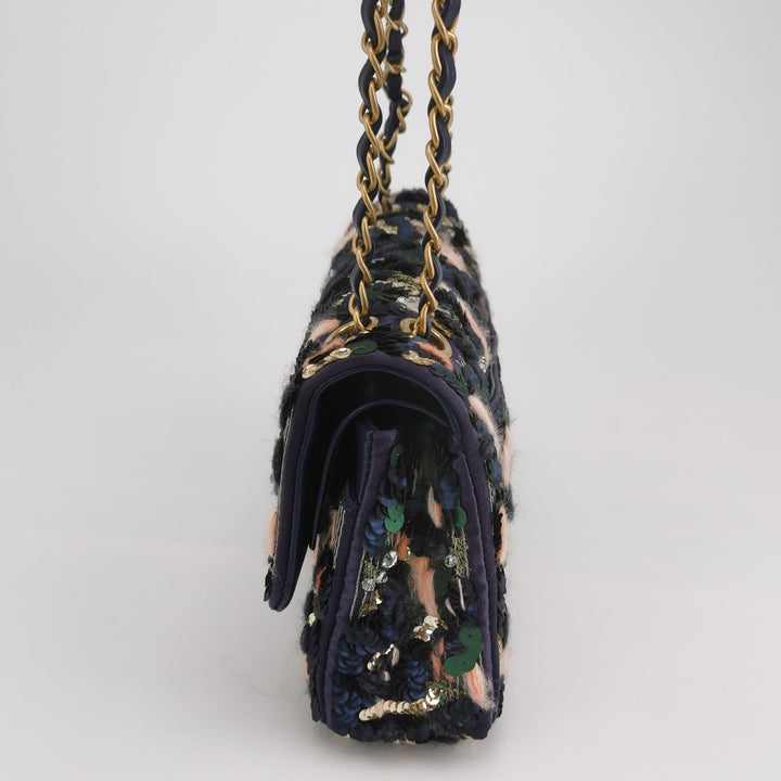 Chanel Sequin Pink Green Navy Medium Flap Bag Gold Hardware