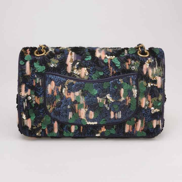 Chanel Sequin Pink Green Navy Medium Flap Bag Gold Hardware