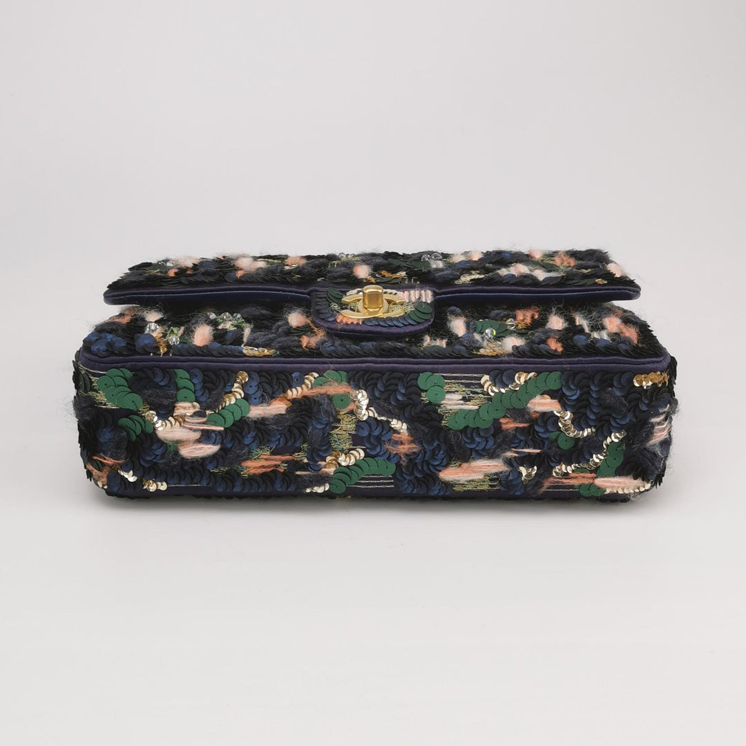 Chanel Sequin Pink Green Navy Medium Flap Bag Gold Hardware