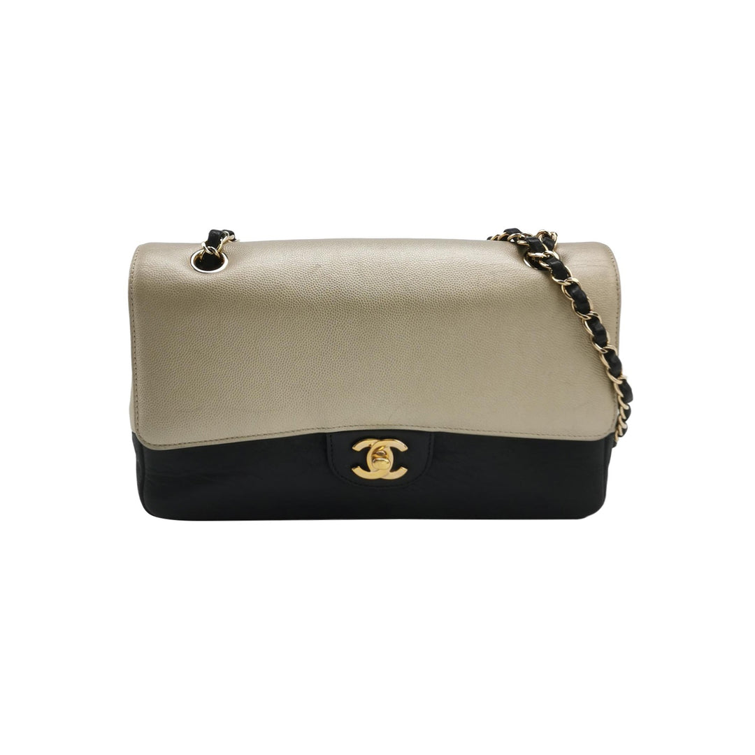 Chanel Medium Double Flap Caviar Calfskin Duo Light Gold Black