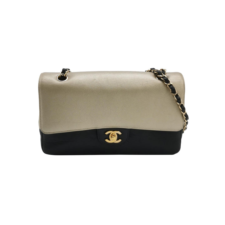 Chanel Medium Double Flap Caviar Calfskin Duo Light Gold Black