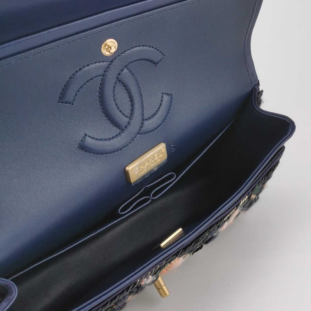 Chanel Sequin Pink Green Navy Medium Flap Bag Gold Hardware