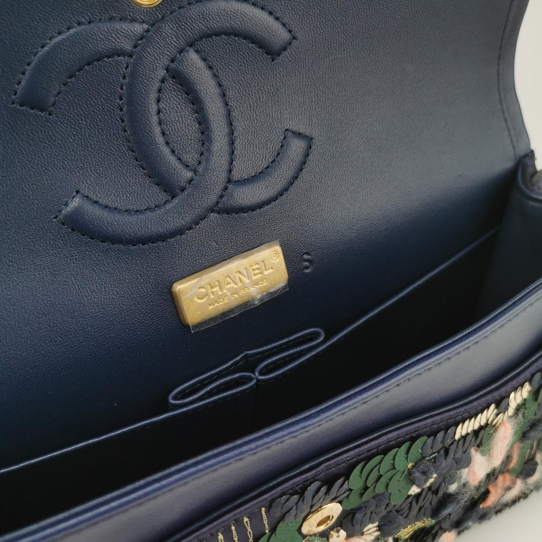 Chanel Sequin Pink Green Navy Medium Flap Bag Gold Hardware