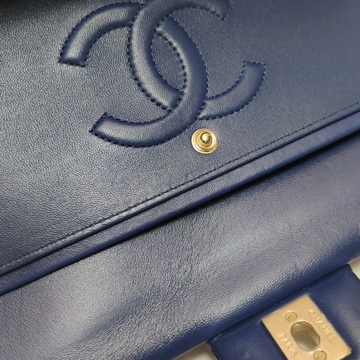 Chanel Sequin Pink Green Navy Medium Flap Bag Gold Hardware