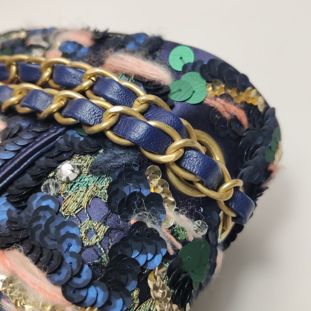 Chanel Sequin Pink Green Navy Medium Flap Bag Gold Hardware