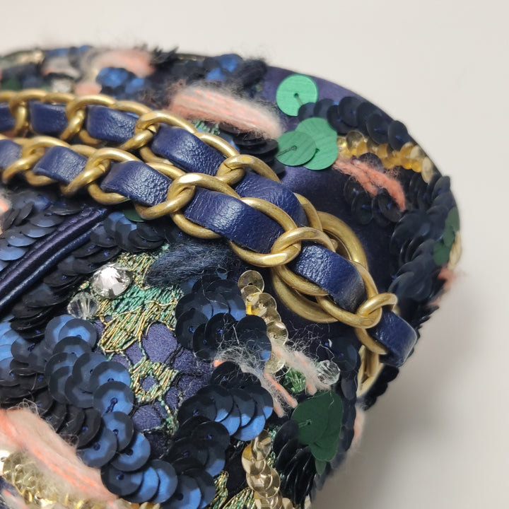 Chanel Sequin Pink Green Navy Medium Flap Bag Gold Hardware