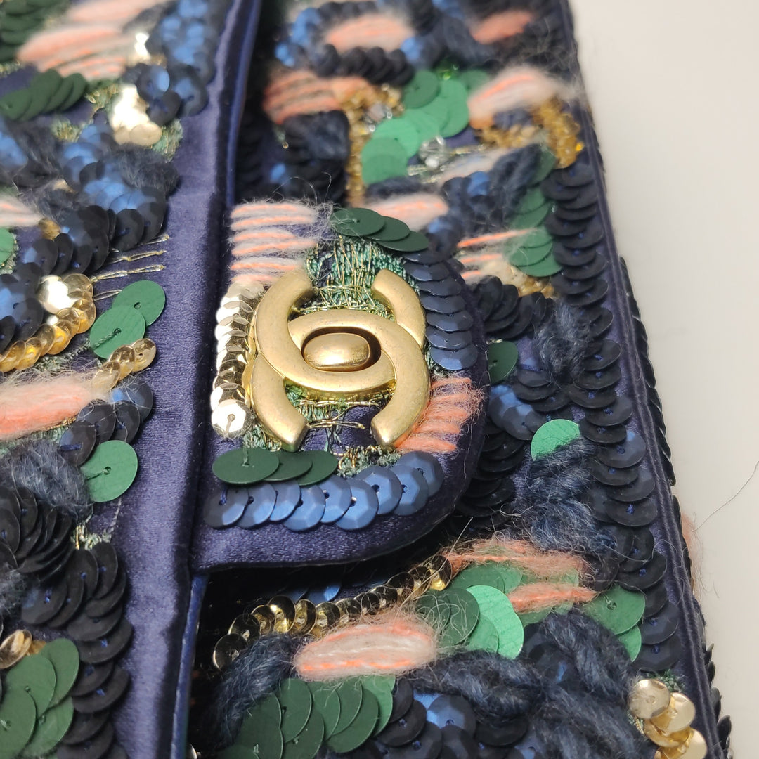 Chanel Sequin Pink Green Navy Medium Flap Bag Gold Hardware