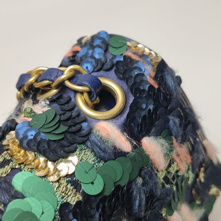 Chanel Sequin Pink Green Navy Medium Flap Bag Gold Hardware