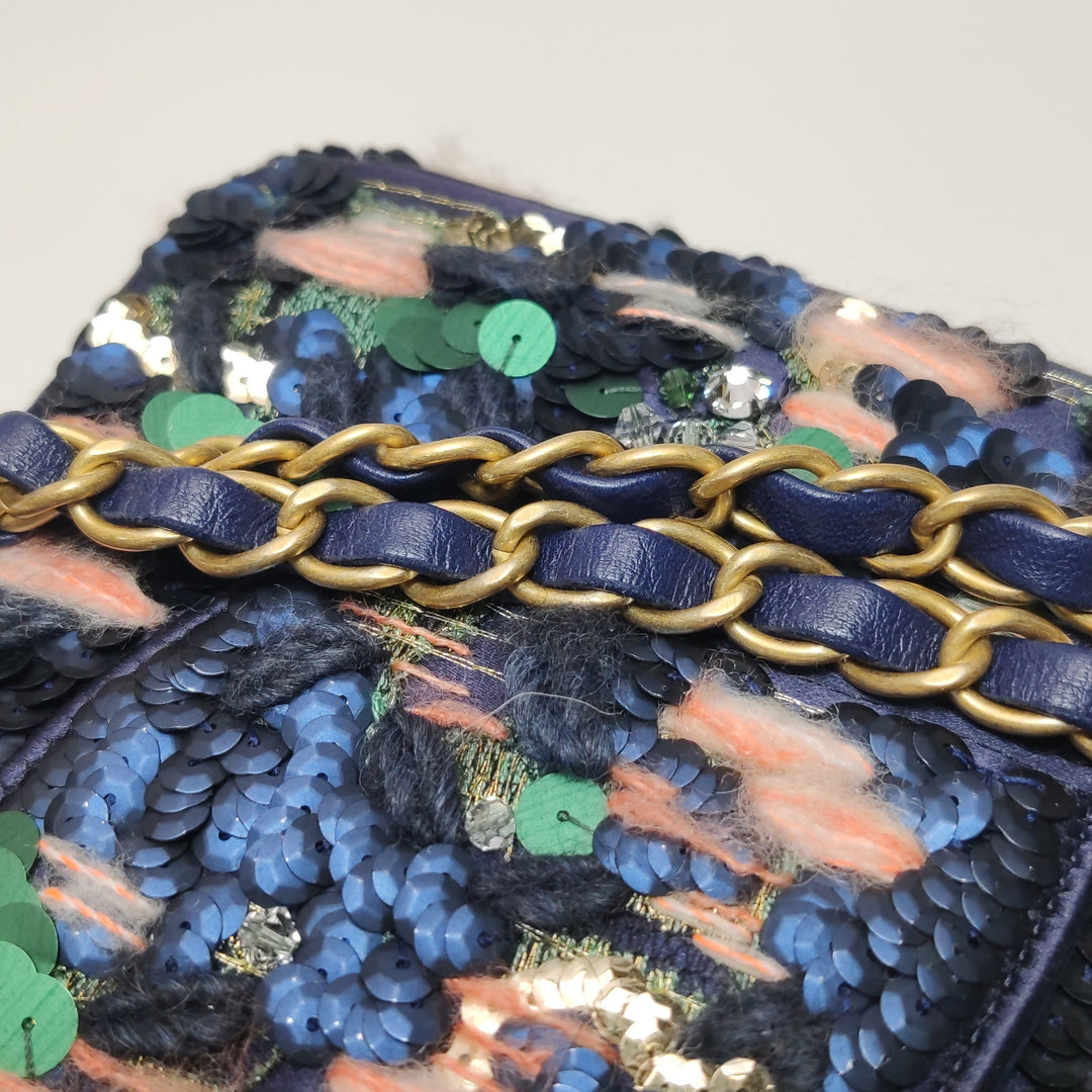 Chanel Sequin Pink Green Navy Medium Flap Bag Gold Hardware