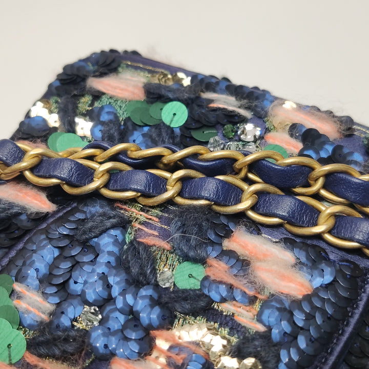 Chanel Sequin Pink Green Navy Medium Flap Bag Gold Hardware