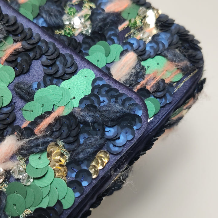 Chanel Sequin Pink Green Navy Medium Flap Bag Gold Hardware